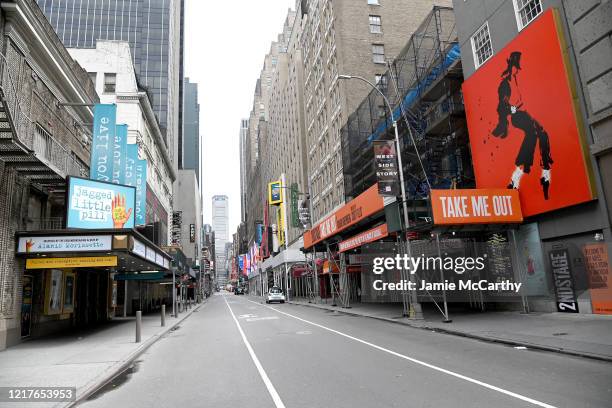 Closed broadway theaters during the coronavirus pandemic on April 08, 2020 in New York City. The Broadway League announced today that theaters will...