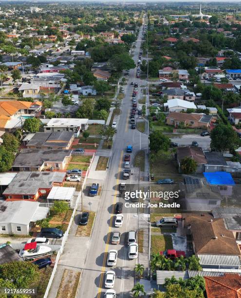 An aerial view from a drone shows vehicles lining up to receive unemployment applications being given out by City of Hialeah employees in front of...