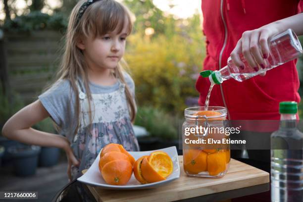 two children making use of leftover orange peels to make a zero waste cleaning solution with white vinegar - white vinegar stock pictures, royalty-free photos & images