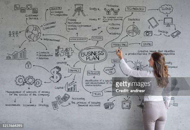 business woman drawing a business plan at the office - business plan stock pictures, royalty-free photos & images