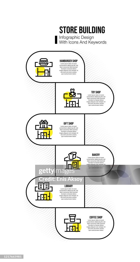Infographic design template with store building keywords and icons