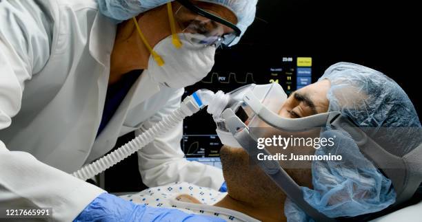 female doctor checking on covid-19 infected patient while connected to a ventilator - medical ventilator stock pictures, royalty-free photos & images
