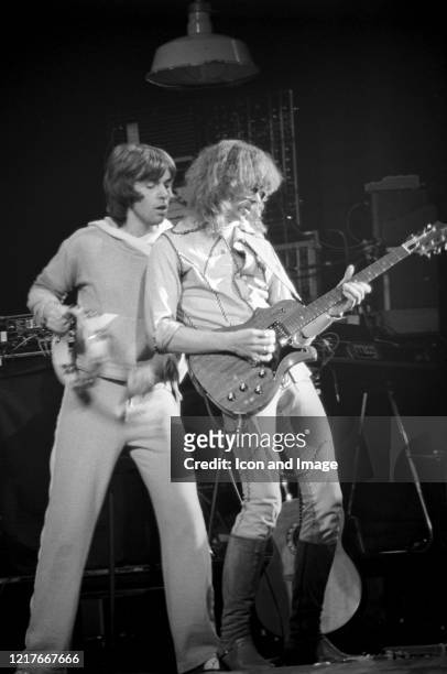 English singer, songwriter, musician, record producer and activist Peter Garbiel and English singer, songwriter and guitarist Steve Hackett perform...