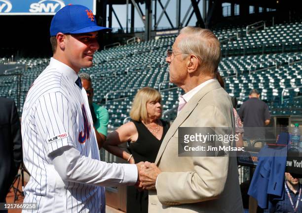 New York Mets 2019 third round draft pick Matthew Allan greets team majority owner Fred Wilpon during batting practice prior to a game against the...