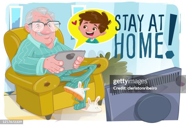 ilustraciones, imágenes clip art, dibujos animados e iconos de stock de abuelo en casa (quédate en casa) - hombres mayores