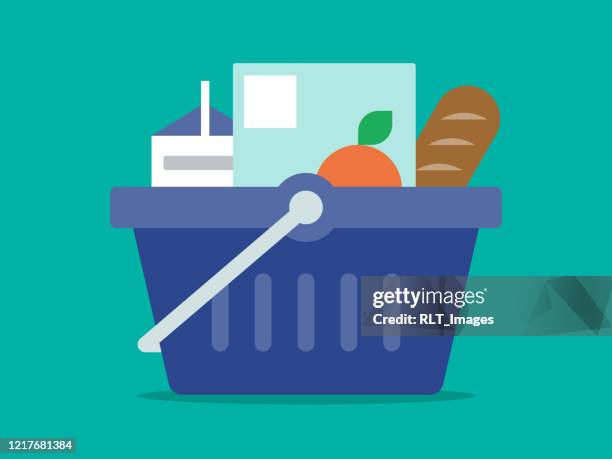 abbildung des lebensmittelkorbs voller gesunder lebensmittel - shopping basket stock-grafiken, -clipart, -cartoons und -symbole