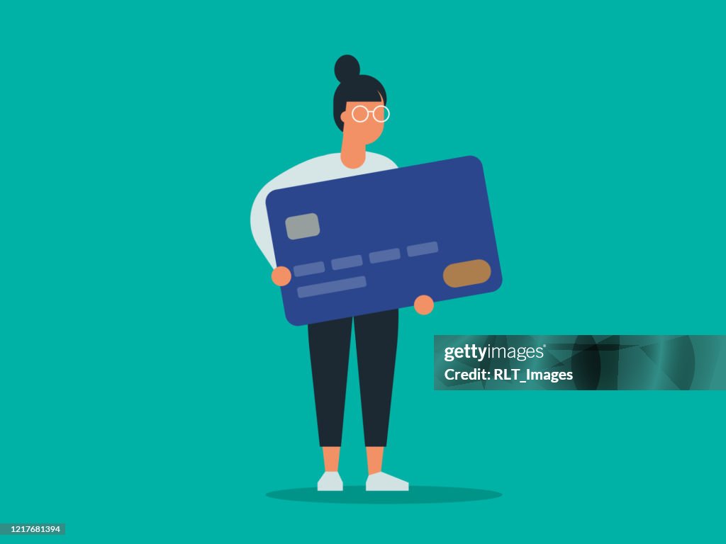 Illustration von jungen Frau mit riesigen Kreditkarte