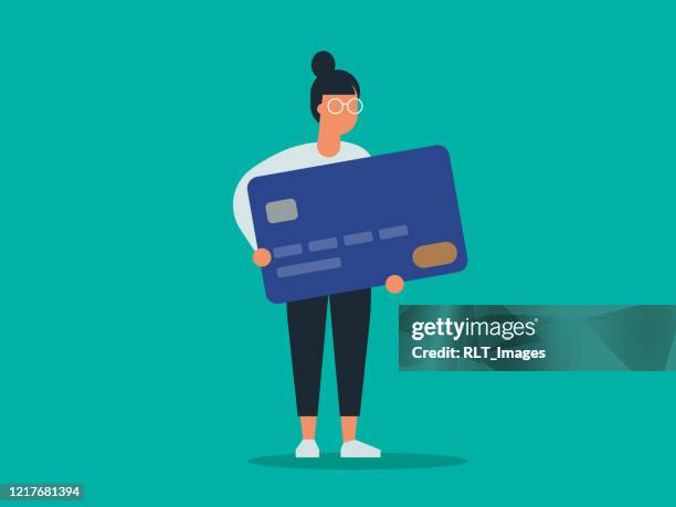年輕女子拿著巨額信用卡的插圖 - holding 幅插畫檔、美工圖案、卡通及圖標