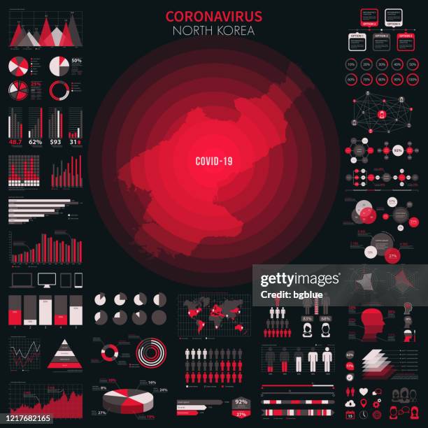 karte von nordkorea mit infografischen elementen des coronavirus-ausbruchs. covid-19-daten. - north korea stock-grafiken, -clipart, -cartoons und -symbole