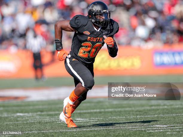 Linebacker Davion Taylor from Colorado of the South Team during the 2020 Resse's Senior Bowl at Ladd-Peebles Stadium on January 25, 2020 in Mobile,...