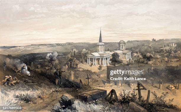 quarantine cemetery and church with a french battery - usa russia stock illustrations