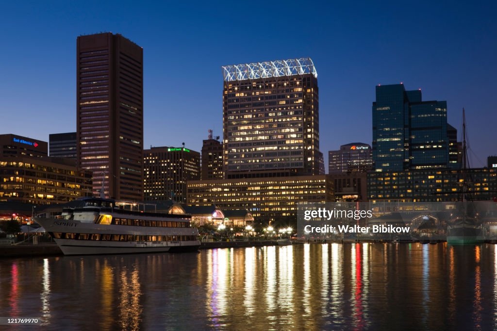 City skyline at dusk, Baltimore, Maryland, USA