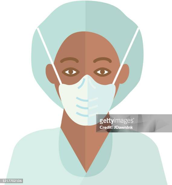 cold and flu virus healthcare worker with face mask and medical gown icon - operating gown stock illustrations