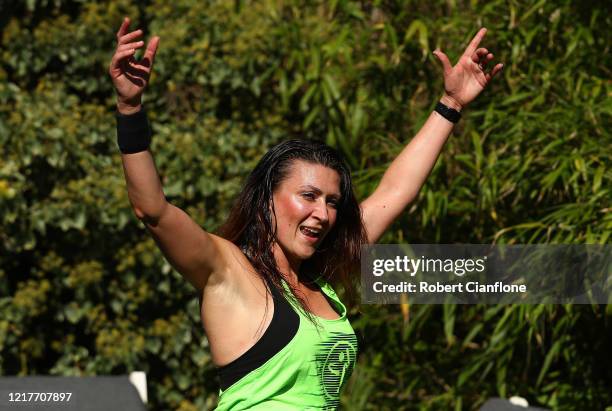 Julia Basa leads an online ZUMBA Fitness session from her backyard on April 09, 2020 in Melbourne, Australia. ZUMBA Fitness is a non-stop, cardio...