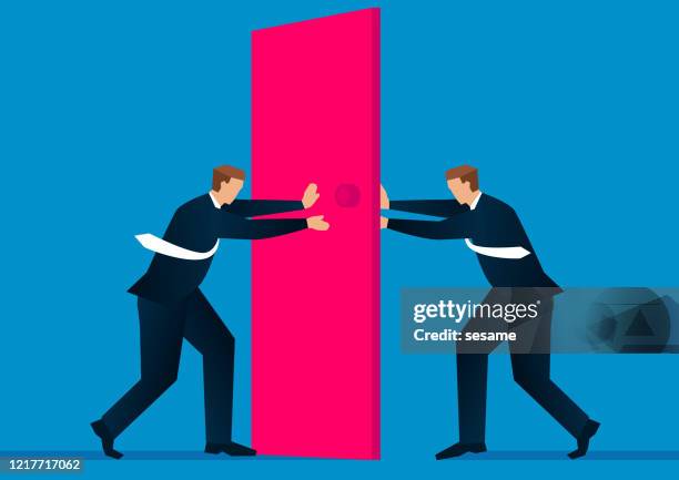 competition, the people outside the door and the inside of the door against each other - resistance to change stock illustrations