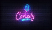 Comedy show neon template. Comedy lettering and glowing neon microphone