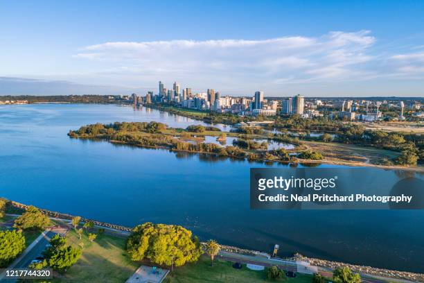 skyline aerial view of the city of perth western australia - perth skyline stock pictures, royalty-free photos & images