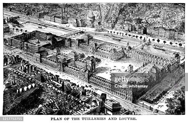 nineteenth century overhead view of the tuilleries and the louvre, paris, france - jardin des tuileries stock illustrations