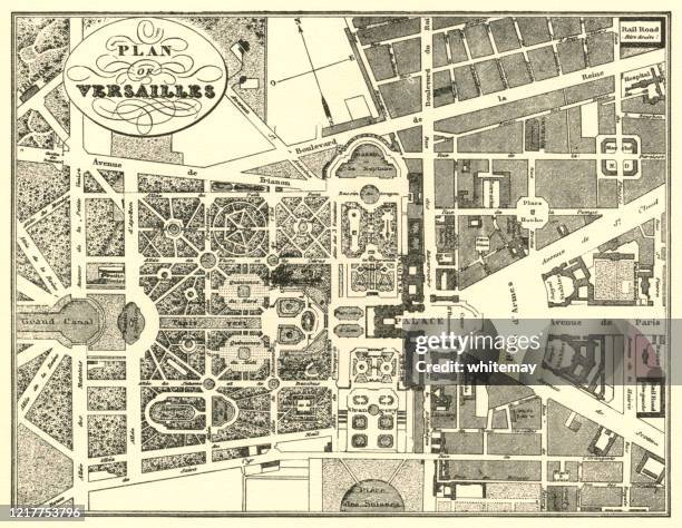 stockillustraties, clipart, cartoons en iconen met negentiende eeuws plan van de tuinen bij het paleis van versailles, frankrijk - garden drawing