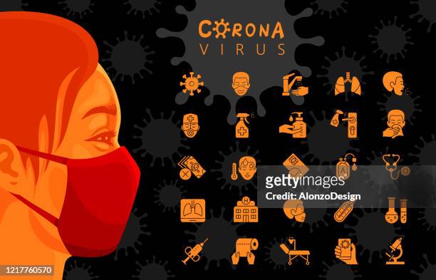 ilustraciones, imágenes clip art, dibujos animados e iconos de stock de cartel de información de coronavirus con iconos médicos. - woman blowing nose