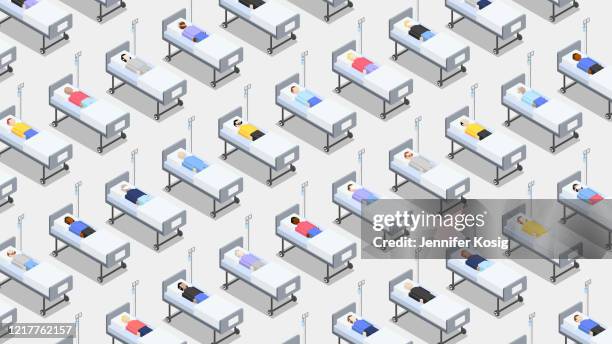 überfülltes krankenhaus mit dicht stehenden krankenhausbetten - bett stock-grafiken, -clipart, -cartoons und -symbole