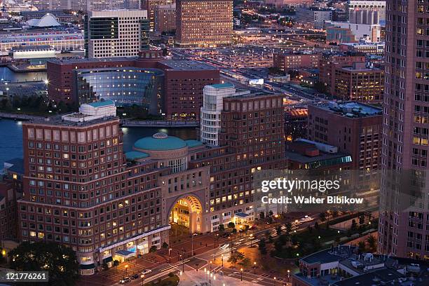 rowes wharf and south boston waterfront at dusk, boston, massachusetts, usa,  - boston aerial stock pictures, royalty-free photos & images