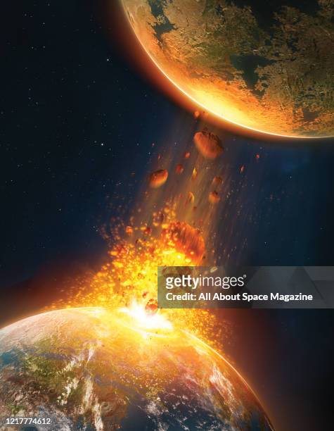 Illustration of an object such as a comet or asteroid colliding with the Earth and ejecting debris beyond the Earths atmosphere, in this case towards...