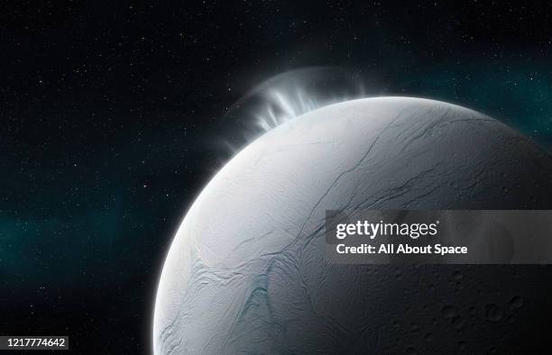 Illustration of vapour plumes erupting from the surface of Enceladus, Saturns sixth largest moon, created on July 26, 2018.
