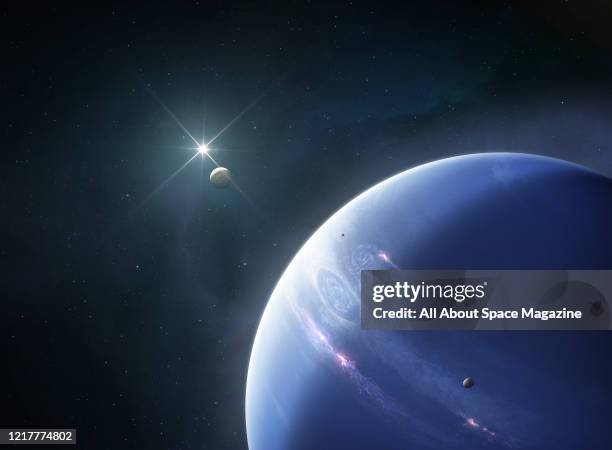 Illustration of Neptune, eighth and farthest known planet from the Sun, created on 27 August, 2019. Also visible are several of Neptunes moons, as...