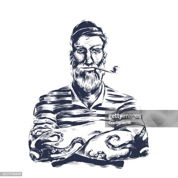 sailor wood cut - boat captain beard stock illustrations