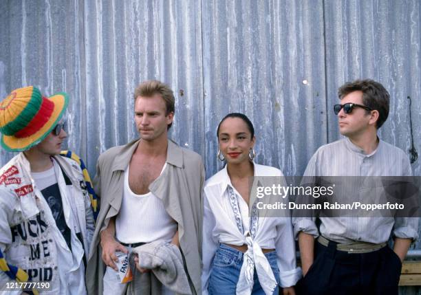 Singers Boy George, Sting, Sade and Peter Gabriel during the Artists Against Apartheid Concert at Clapham Common in London, England on 28 June, 1986.