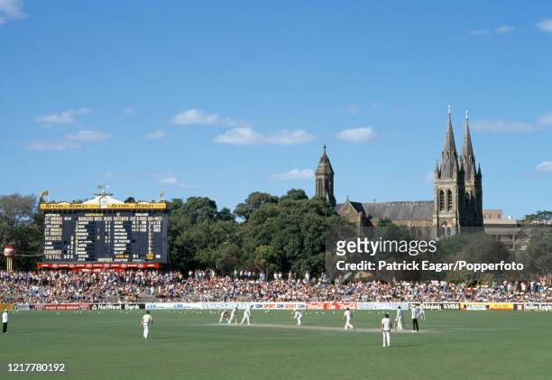 General view of the ground as Steve Waugh of Australia bowls to David Gower of England on day three of the 3rd Test match between Australia and...