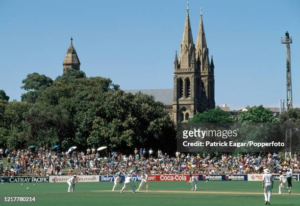 General view of the ground and St Peter's Cathedral as Peter McIntyre of Australia bowls to Angus Fraser of England on day two of the 4th Test match...