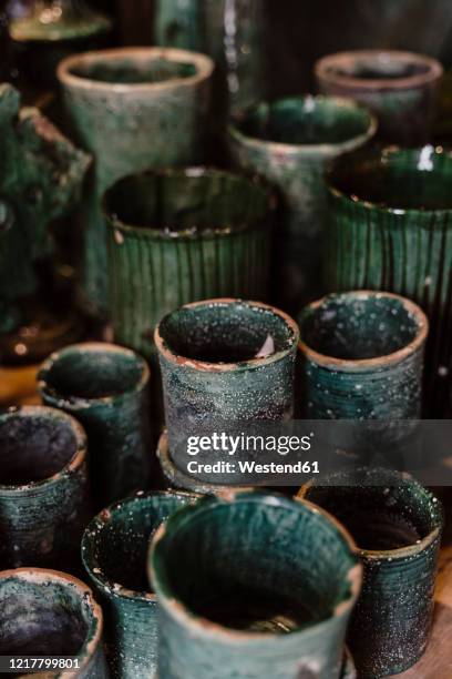 green ceramic goods, essaouira, morocco - pottery glaze stock pictures, royalty-free photos & images