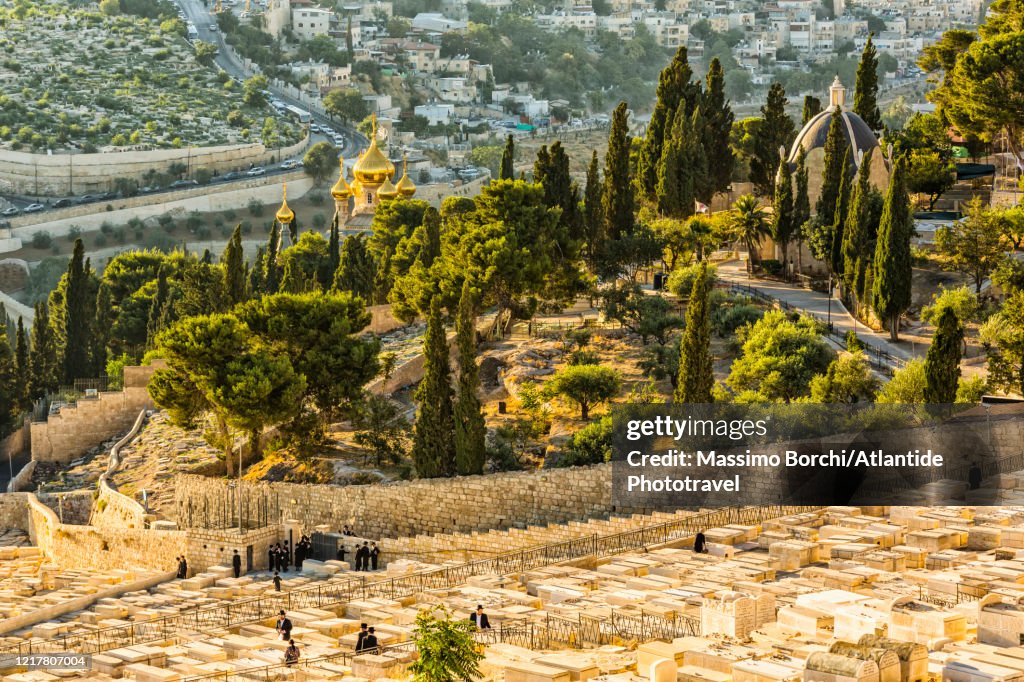 Mount of Olives, the Roman Catholic church of Dominus Flevit, the Russian Church of Mary Magdalene and the Jewish Cemetery