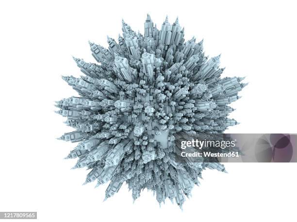 three dimensional render of skyscrapers engulfing small planet - little planet format stock illustrations