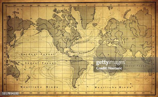 ocean currents and prevailing winds of 19th century - wind map stock illustrations