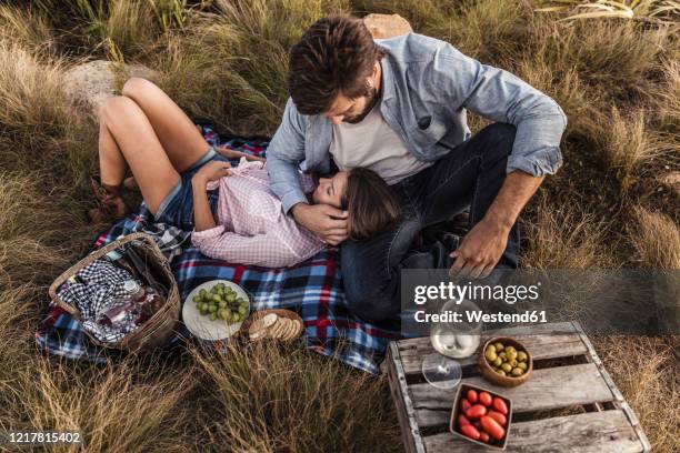 affectionate couple having a picnic in the countryside - paar picknick stock-fotos und bilder