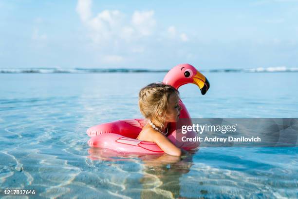 adorable little blond girl with pink inflatable flamingo swimming in a tropical ocean on summer vacation. - plastic flamingo stock pictures, royalty-free photos & images