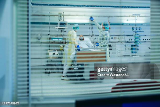 doctors behind sunblind caring for patient in emergency care unit of a hospital with respiratory equipment - coronavirus stock-fotos und bilder