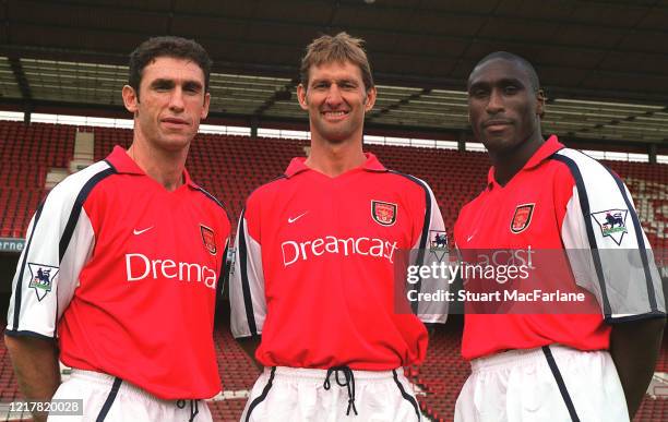 Arsenal's England centre backs Martin Keown, Tony Adams and Sol Campbell during the Arsenal 1st team photocall on August 8, 2001 in London, England.