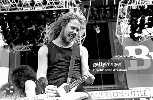 Singer, songwriter and guitarist James Hetfield of the heavy metal band Metallica is shown performing on stage during a "live" concert appearance on...