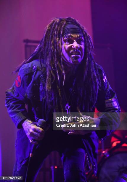 Singer, songwriter and instrumentalist Al Jourgensen is shown performing on stage during a live concert appearance with Ministry on November 8, 2019.