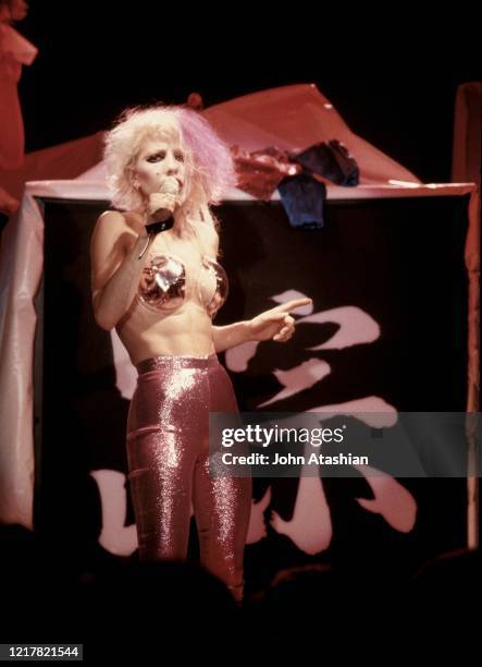 Singer Dale Bozzio is shown performing on stage during a "live" concert appearance with Missing Persons on February 1, 1982.