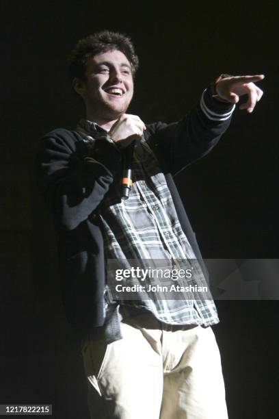 Rapper and singer Mac Miller is shown performing on stage during a "live" concert appearance on April 7, 2011.