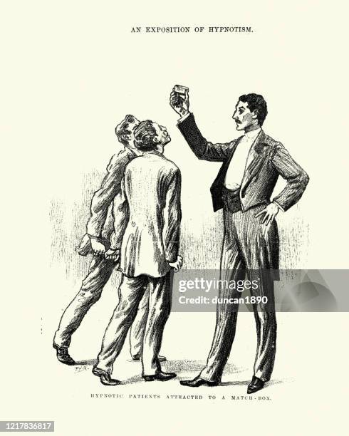 hypnosis, victorian hypnotist hypnotizing two men, 19th century - hypnosis stock illustrations