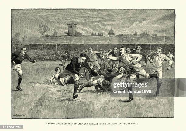 illustrations, cliparts, dessins animés et icônes de match de rugby entre l’angleterre et l’ecosse, athletic grounds, richmond, 1891 - passe rugby
