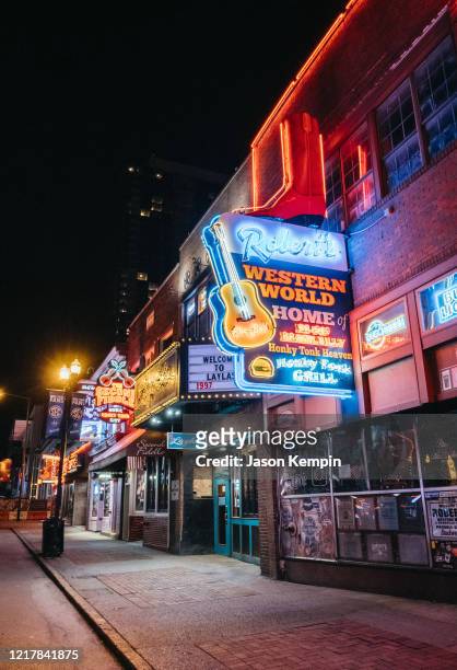 Downtown Broadway is seen at night on April 8, 2020 in Nashville, Tennessee. All establishments have been closed due to the coronavirus .
