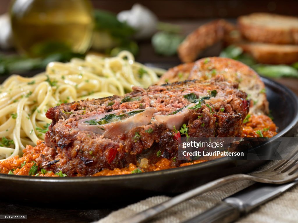 Sicilian Style Rolled Meatloaf with Deli Ham, Basil and Mozzarella