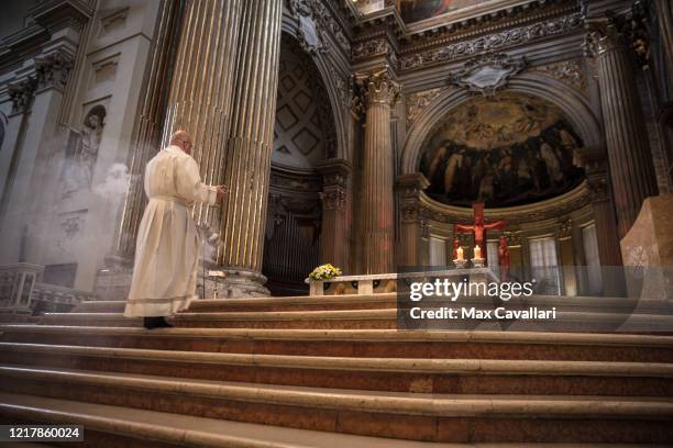 Holy Thursday service is performed on a live stream in the Cathedral of Bologna on April 09, 2020 in Bologna, Italy. There have been well over...